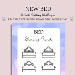 Puede incluir: PDF imprimible en tamaño A6 con cuatro ilustraciones en blanco y negro de camas con el texto "BED Saving Fund" en la parte superior.