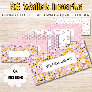 Insertos para carpetas de presupuesto - Formato A6 PDF imprimible, relleno de efectivo, flor de ditsy, etiquetas para billetera con cremallera, extras para presupuestos, sistema de sobres para efectivo