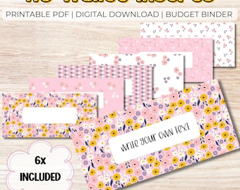 May include: A set of six A6 wallet inserts featuring various floral and geometric patterns in pink, yellow, and purple. The inserts include a white rectangular label area for text, with one displaying the words WRITE YOUR OWN TEXT.