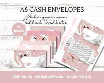 Puede incluir: Sobres de efectivo A6 con diseños de cisnes y flores en tonos rosas. El conjunto incluye seis sobres, con el texto "Make your own Tabbed Wallets" y "6X INCLUDED". Diseñado para PDF imprimible y descarga instantánea.