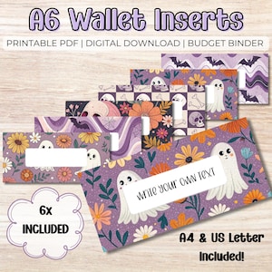 Puede incluir: Un conjunto de insertos de cartera A6 con varios diseños, incluyendo patrones florales, fantasmas y calaveras. Los insertos son en tonos morado, naranja y blanco. El texto en los insertos dice "Write your own text".