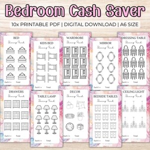 Könnte beinhalten: Druckbarer Schlafzimmer-Spar-Tracker mit 10 verschiedenen Kategorien: Bett, Kinderbett, Kleiderschrank, Spiegel, Schminktisch, Schubladen, Tischlampe, Dekor, Nachttische und Deckenleuchte. Jede Kategorie hat mehrere Felder, um die Ersparnisse für jeden Artikel zu verfolgen.