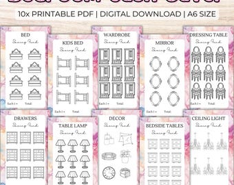 May include: Printable bedroom cash saver tracker with 10 different categories: bed, kids bed, wardrobe, mirror, dressing table, drawers, table lamp, decor, bedside tables, and ceiling light. Each category has multiple spaces to track savings for each item.