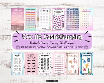 A6 British CashStuffing Challenges - 57x Digital Printable Download UK PDF, Money Saving, Budgeting Trackers, Sinking Funds, Monthly Savers