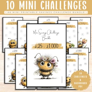 May include: A set of A6 mini printable savings challenges. The bundle includes 10 challenges, with amounts from £25 to £1,000. The design features a cute bee illustration and the text "10 Mini Challenges". Includes a dashboard PDF.