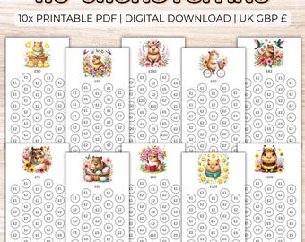 May include: A6 cash stuffing printable PDF with ten different designs. Each design features a hamster illustration and a grid for tracking savings. The text includes "A6 CASHSTUFFING" and "10x PRINTABLE PDF | DIGITAL DOWNLOAD | UK GBP £".