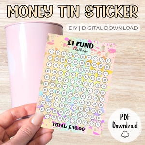 1 Pound Money Challenge Money Tin Sticker – Digital Download | UK Printable Label | Save 110+ | Fun Savings Tracker for Sealed Tins