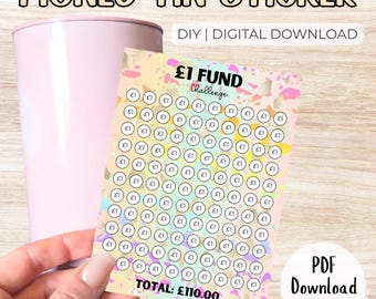 1 PoundMoney Challenge Dose Aufkleber - Digital Download | UK Etikett | Sparen Sie 110+ | Fun Ersparnis Tracker für versiegelte Dosen