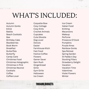 K&ouml;nnte beinhalten: Eine Liste mit &uuml;ber 50 verschiedenen Themen f&uuml;r Bastelprojekte, darunter Feiertage, Jahreszeiten und Hobbys. Die Liste enth&auml;lt Themen wie "Herbst", "Weihnachten", "Halloween", "Kaffee", "Eiscreme", "Wellness-R&uuml;ckzug" und "Urlaub".