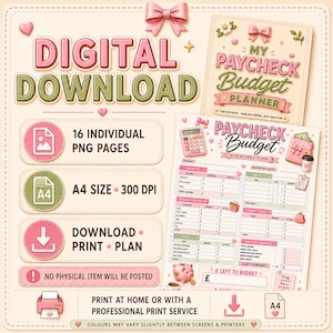 May include: A digital download set featuring a My Paycheck Budget Planner with pink and green accents. Includes 16 individual PNG pages in A4 size at 300 DPI. The planner layout includes sections for income, bills, everyday money, and savings goals.