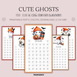 May include: Three printable cash stuffing challenge cards featuring cute cartoon ghosts. Each card has a different amount: $100, $200, and $300. The cards are designed for a Halloween theme.