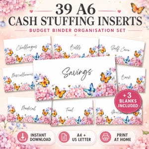 Könnte beinhalten: Ein Set aus 39 A6-Einlagen für Budget-Ordner, bestehend aus weißen rechteckigen Karten mit Blumen- und Schmetterlingsmotiven. Der Text umfasst Challenges, Bills, Self Care, Savings, Miscellaneous, Bank, Medical, Fuel und Groceries.