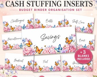 Puede incluir: Un conjunto de 39 insertos A6 para carpetas de presupuesto, con tarjetas rectangulares blancas ilustradas con flores y mariposas. El texto incluye Challenges, Bills, Self Care, Savings, Miscellaneous, Bank, Medical, Fuel y Groceries.