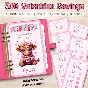 May include: Pink Valentine's Day savings planner with a cute cow illustration wearing heart-shaped glasses and a sweater. The planner includes sections for saving, with amounts listed. Text reads "500 Valentine Savings" and "Saving money has never been easier!"