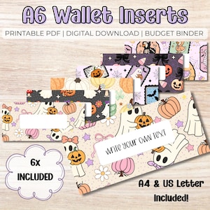 May include: A6 wallet inserts with a Halloween theme. The inserts feature ghosts, pumpkins, and floral patterns. The text "Write your own text" is visible on one insert. The image also includes the text "A4 & US Letter Included!" and "6x Included".