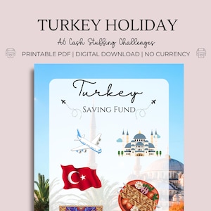 Desafío de ahorro de efectivo para las vacaciones de Turquía: plan de seguimiento de presupuesto imprimible en formato A6 en formato PDF / Planificador de ahorro de dinero para la preparación de las vacaciones / Planificador de ahorro de moneda del Reino Unido, EE. UU. y euros