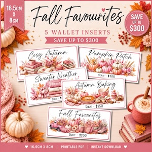 May include: Five rectangular wallet inserts measuring 16.5cm x 8cm, featuring autumn-themed illustrations in pink and orange tones. Text includes Fall Favourites, Cosy Autumn, Pumpkin Patch, Sweater Weather, Autumn Baking, and savings amounts.
