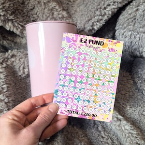 May include: A colourful printable chart with a rainbow background and glitter accents. The chart is titled "£2 Fund Challenge" and has 110 circles with the number "£2" written inside each circle. The total amount is £220.00.