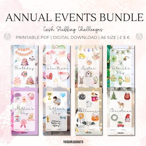 May include: A digital download bundle featuring cash stuffing challenges for various annual events. The design includes illustrations for Birthday, Valentine's, Easter, St. Patrick's Day, Mother's Day, Father's Day, Halloween, and Christmas. Text includes "Annual Events Bundle" and "Cash Stuffing Challenges."