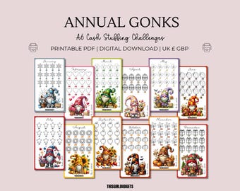 Jaarlijkse Gonks Spaaruitdaging - Printbare PDF's, Britse GBP bundel, Cash Stuffing Trackers, 12 maanden geld besparen, A6 budgetteringsinzetstukken