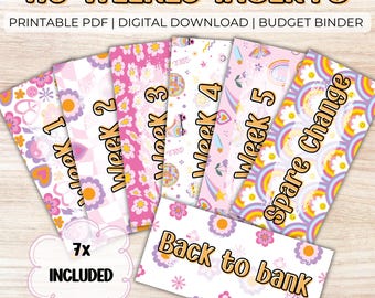 May include: Seven printable A6 budget binder inserts with a pink and white floral pattern. The inserts are labeled "Week 1" through "Week 5", "Spare Change", and "Back to Bank".