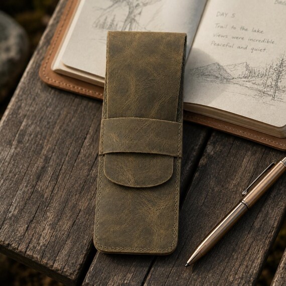 Custom-engraved top grain leather pen pouch that looks like something a serious architect or writer would pull out of a briefcase.
