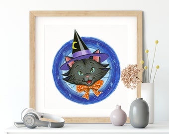 Black Cat Halloween Print | Halloween Print | Black Cat | Gift for Cat Lover | Fall Decor | Original Art Print | Kids Wall Art | Retro Art