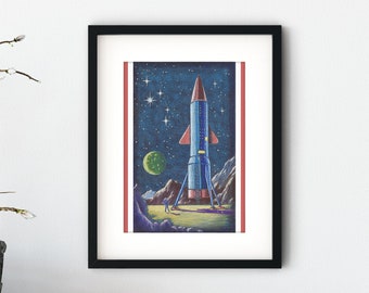 Spaceship Print | Space Art Print | Space Decor | Planet Print | Original Art Print | Signed Art Print | Retro Print | Kids Wall Art