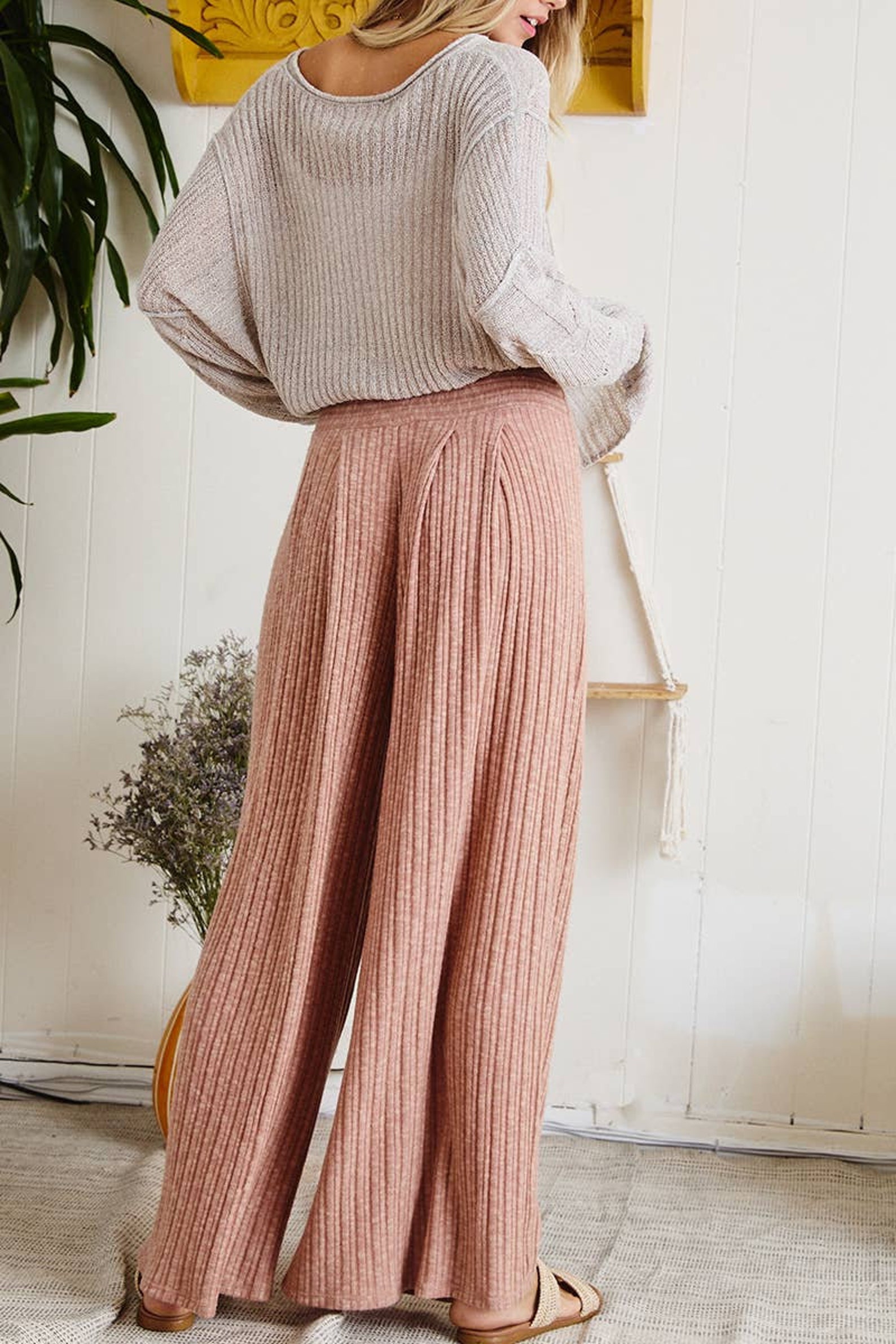 Solid Ribbed Knit Fabric Palazzo Pants Etsy