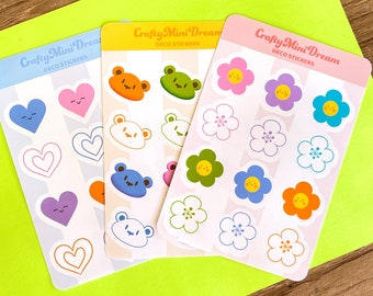 Colorful Deco Sticker Sheets Set | Bear, Hearts and Flower Designs | Stationary Stickers