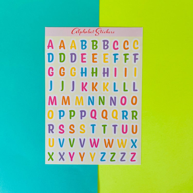 Feuilles d'autocollants alphabet coloré | Feuille d'autocollants déco | Papier autocollant brillant Uppercase Alphabets