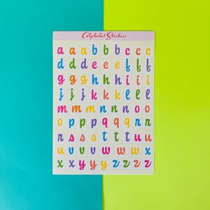 Feuilles d'autocollants alphabet coloré | Feuille d'autocollants déco | Papier autocollant brillant Lowercase Alphabets