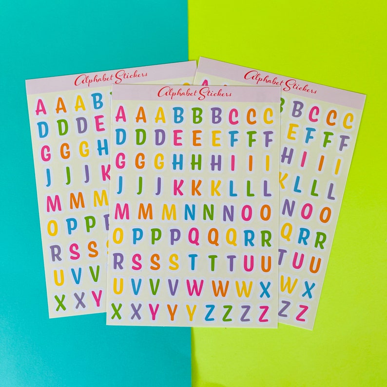 Feuilles d'autocollants alphabet coloré | Feuille d'autocollants déco | Papier autocollant brillant image 1