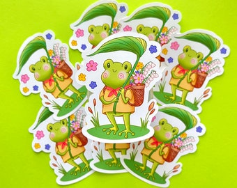 Froggy con pegatinas de cesta de flores / Pegatinas resistentes a la intemperie y al agua