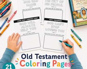 May include: Four white paper coloring sheets with black text and outlines featuring biblical themes, including titles like See What God Has Made and God Will Always Help You. A book titled The Jesus Storybook Bible and colorful wax crayons are present.