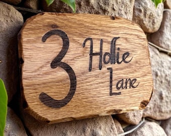 Personalized Rustic Oak House Number Sign: Engraved Wooden Plaque