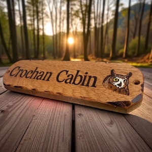 May include: A rectangular wooden sign with a natural live edge, featuring the engraved text "Crochan Cabin" in a dark serif font and a detailed illustration of an owl with yellow eyes on the right side, including two small pre-drilled holes.