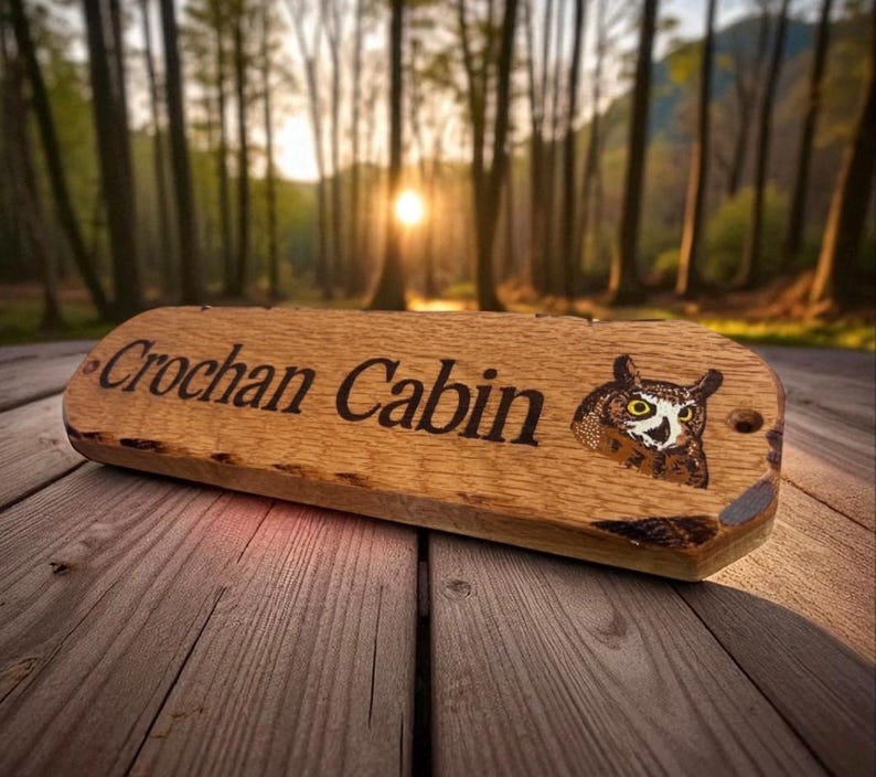 May include: A rectangular wooden sign with a natural live edge, featuring the engraved text "Crochan Cabin" in a dark serif font and a detailed illustration of an owl with yellow eyes on the right side, including two small pre-drilled holes.