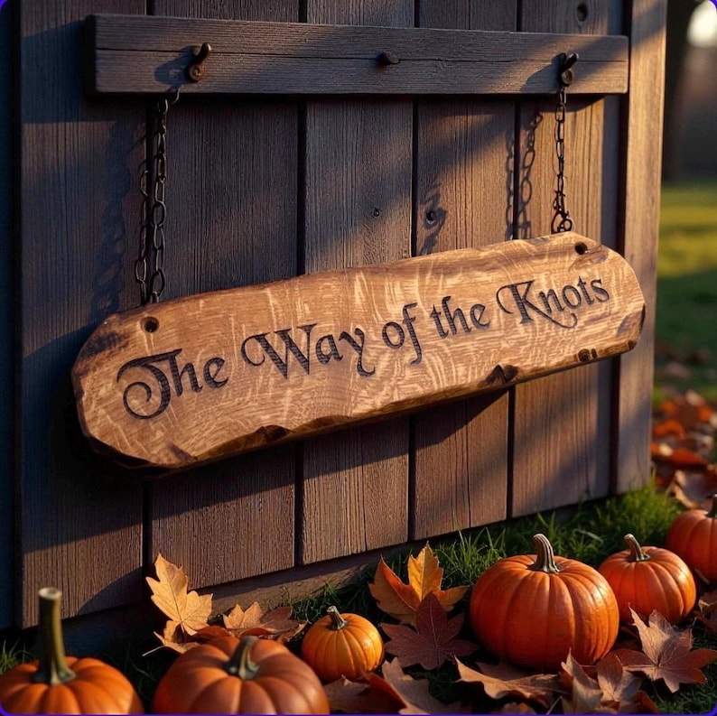 Pode incluir: Uma placa de madeira com o texto "The Way of the Knots" est&aacute; pendurada em uma estrutura de madeira. A placa &eacute; suspensa por correntes. V&aacute;rias ab&oacute;boras laranja e folhas ca&iacute;das est&atilde;o na base, sugerindo um tema de outono.