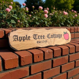 May include: A rectangular wooden sign with a natural live edge, featuring the black text "Apple Tree Cottage" and "Est. 1743" alongside a small red apple illustration. The sign is positioned horizontally on a red brick surface.