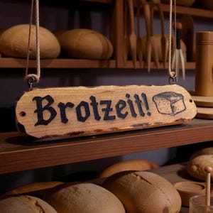 Pode incluir: Uma placa de madeira com a palavra "Brotzeit!" em letras pretas e uma ilustra&ccedil;&atilde;o de p&atilde;o. A placa est&aacute; pendurada por uma corda e &eacute; exibida em uma padaria, com p&atilde;es nas prateleiras.