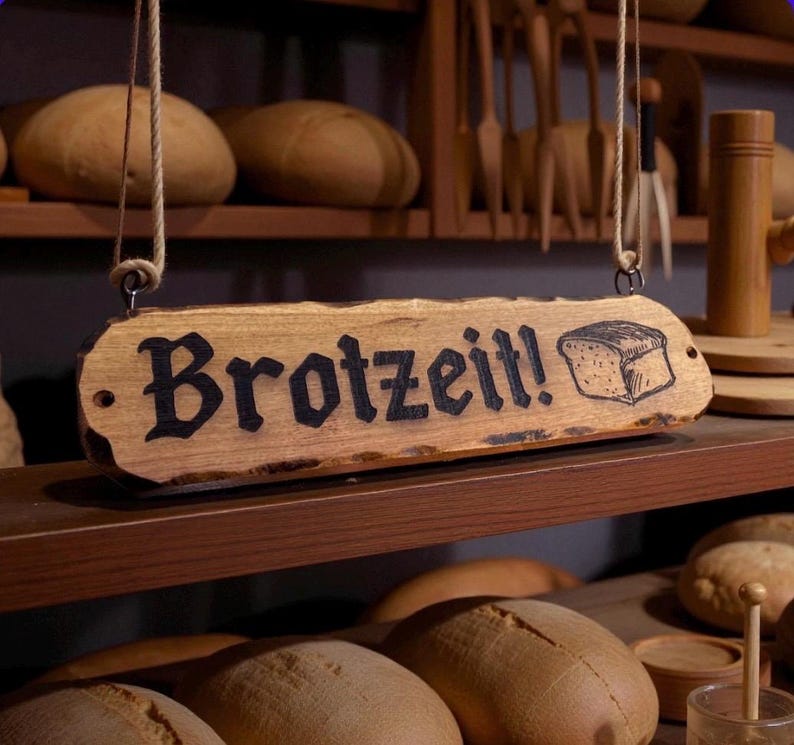 Pode incluir: Uma placa de madeira com a palavra "Brotzeit!" em letras pretas e uma ilustra&ccedil;&atilde;o de p&atilde;o. A placa est&aacute; pendurada por uma corda e &eacute; exibida em uma padaria, com p&atilde;es nas prateleiras.