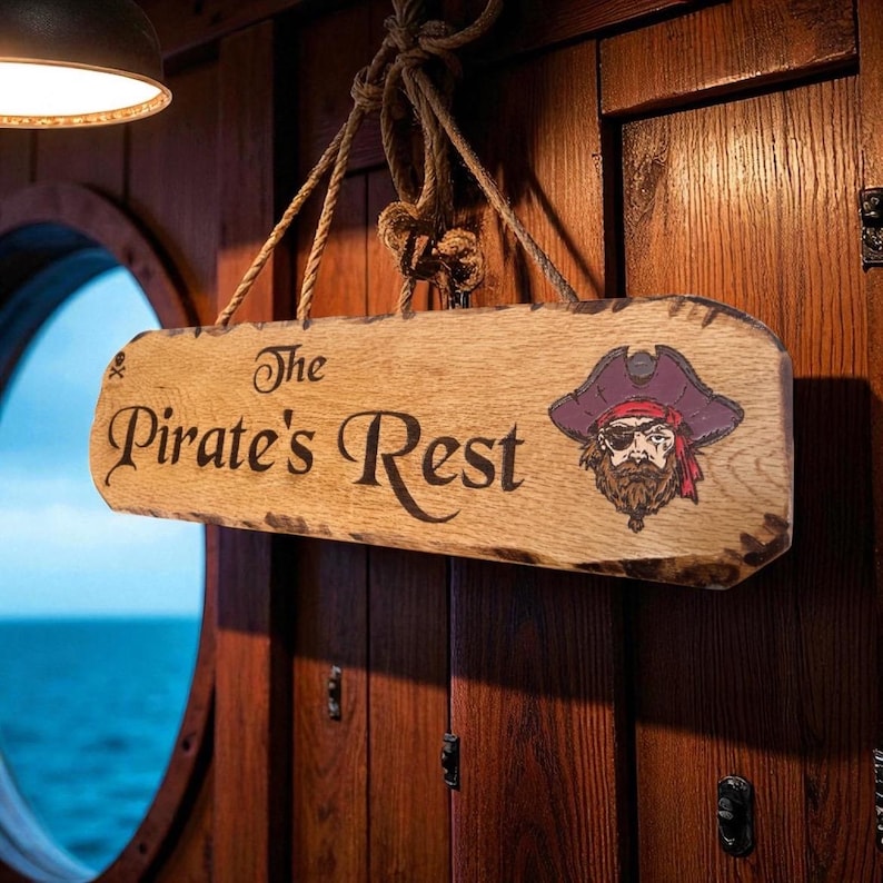 May include: A rectangular wooden sign with rough, dark edges hanging by a thick rope. The sign features the text "The Pirate's Rest" in a dark, serif font and a colorful illustration of a bearded pirate wearing a red bandana and an eye patch.