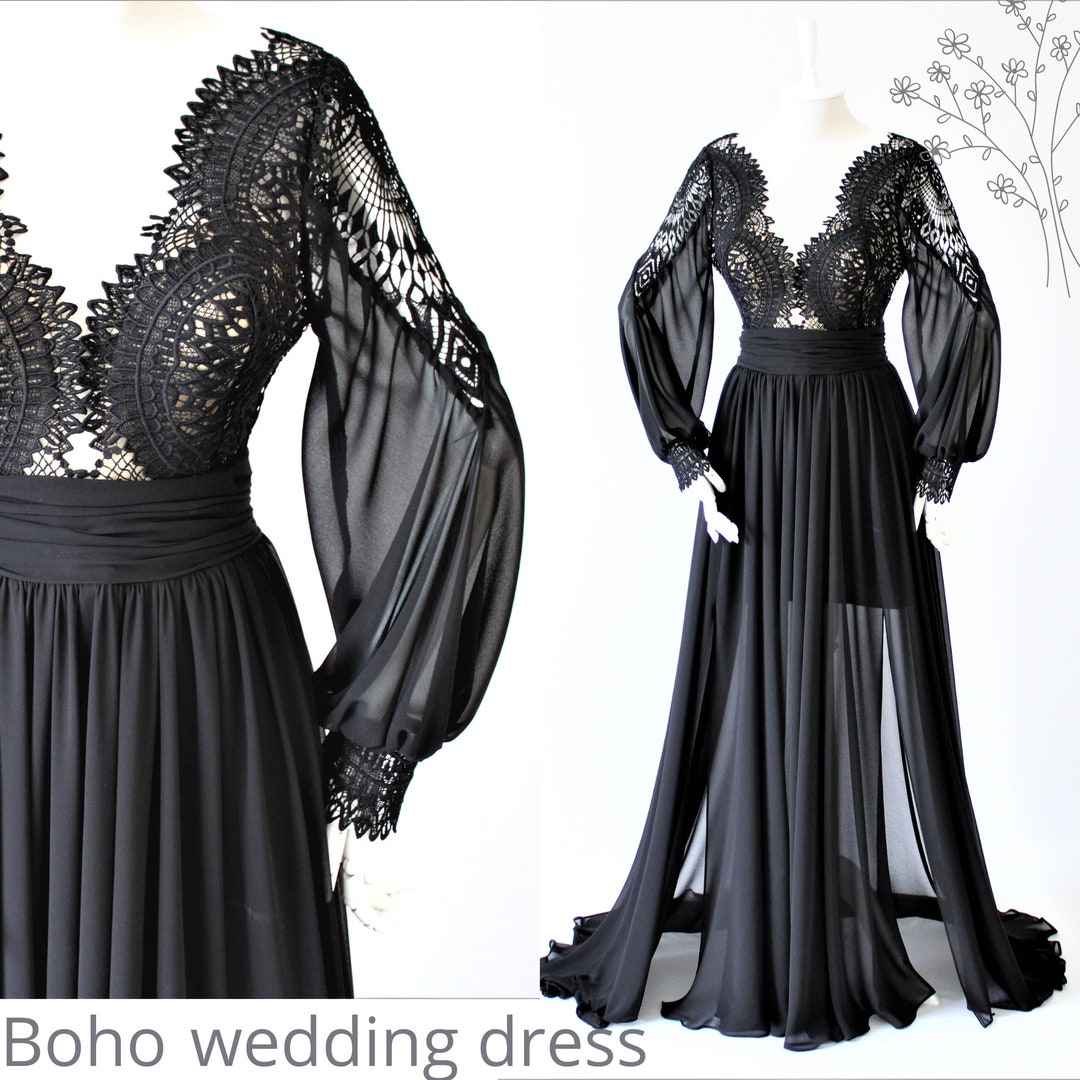 Black Lace Boho Dress Bohemian Dress Black Long Boho Dress Black Lace Maxi  Dress