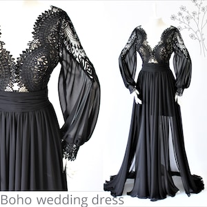 Black wedding dress,Lace sleeves,Black boho dresses,Wedding dress with sleeves,Boho wedding gown,Black gown,Long sleeves,Bride.