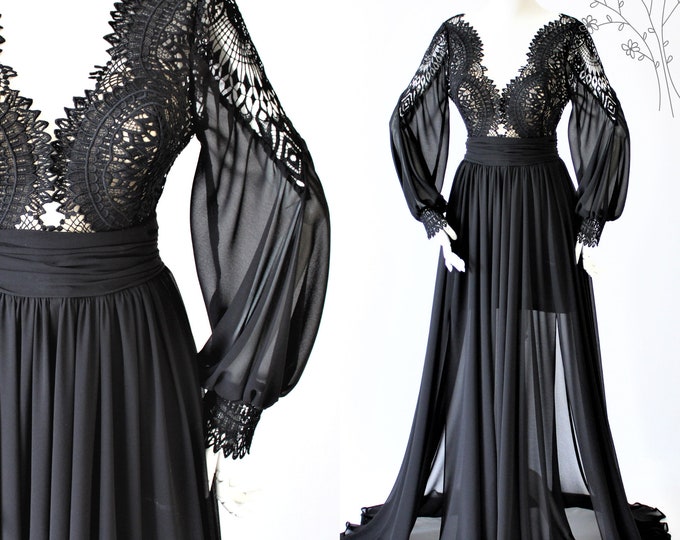 Black wedding dress,Lace sleeves,Black boho dresses,Wedding dress with sleeves,Boho wedding gown,Black gown,Long sleeves,Bride.