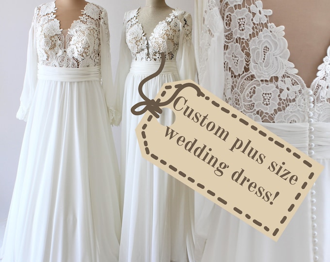 Plus size wedding dress, Long sleeve wedding dress,Custom made wedding dress, Plus size white wedding dress, Boho dress with lace