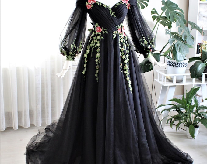 Black wedding dress,Floral wedding dress,Long sleeve,Alternative bridal dress,Custom black bridal gown,Romantic bridal dresses,Bridal gowns