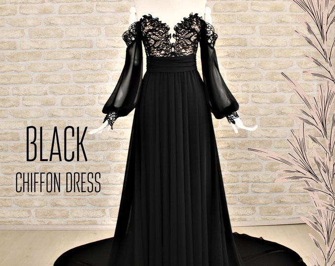 Black wedding dress,Boho dress long sleeve,Black chiffon wedding dress, Custom wedding dress,Black lace wedding dress,Wedding gothic dress