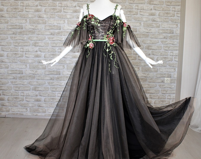 Black wedding dress, Floral wedding dress, Long sleeve, Alternative bridal dress, Wedding dress fantasy, Custom black bridal gown, Romantic